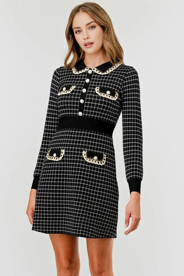 Plaid Knit Sweater Dress with Embellishment DBLD4030