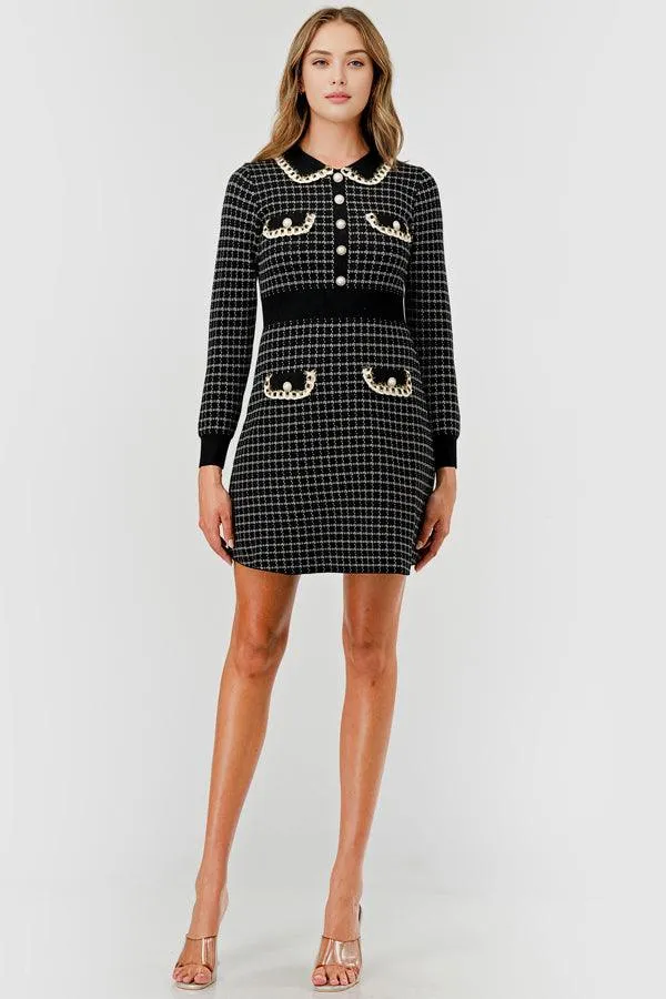 Plaid Knit Sweater Dress with Embellishment DBLD4030