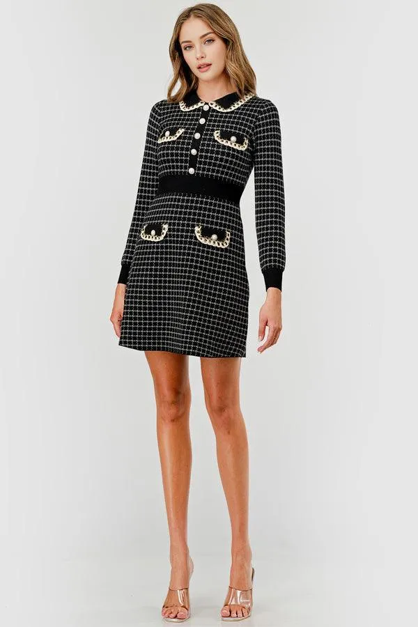 Plaid Knit Sweater Dress with Embellishment DBLD4030