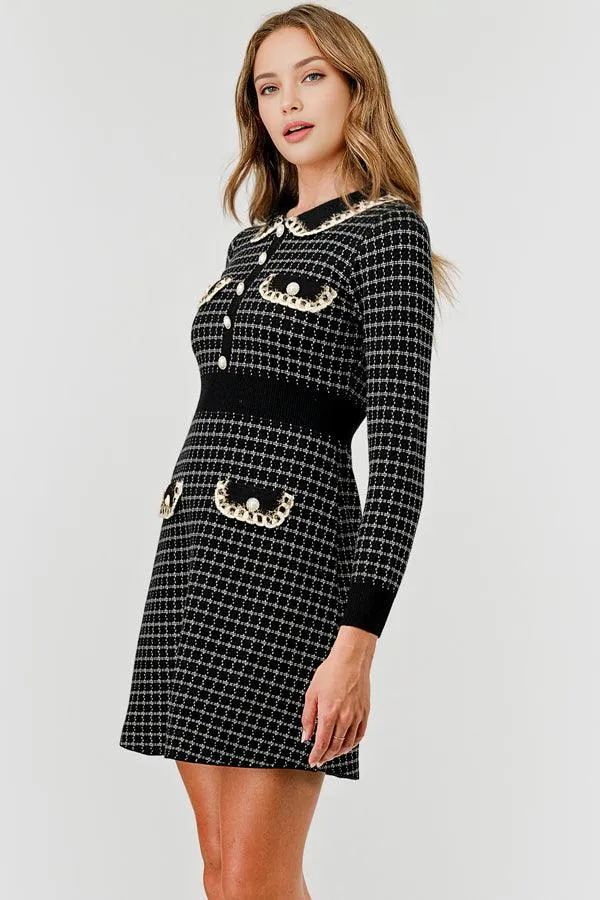 Plaid Knit Sweater Dress with Embellishment DBLD4030