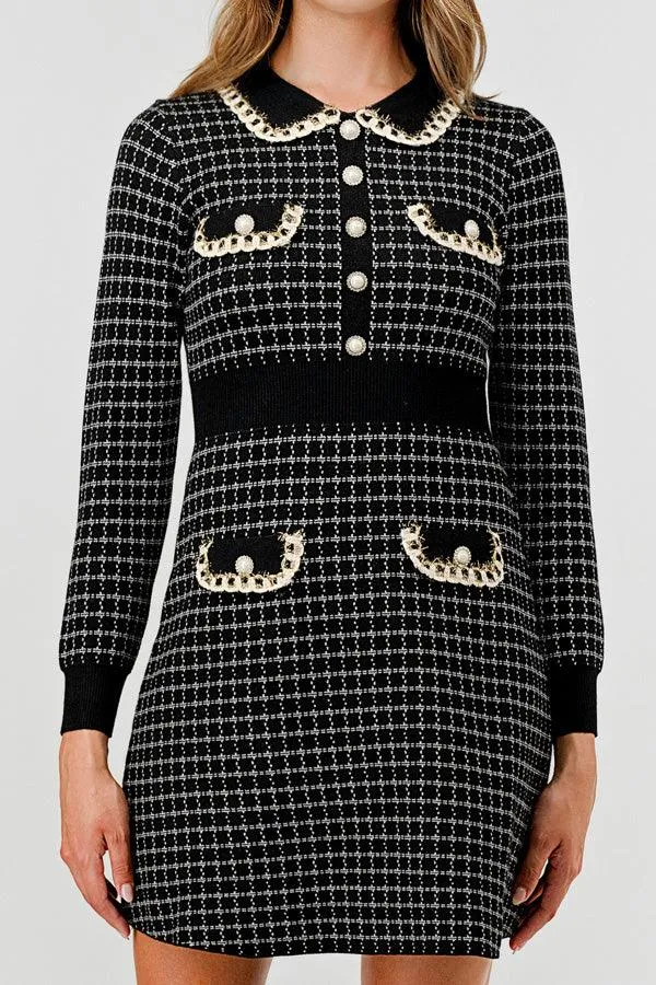 Plaid Knit Sweater Dress with Embellishment DBLD4030