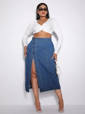 Plus Button Front Denim Skirt