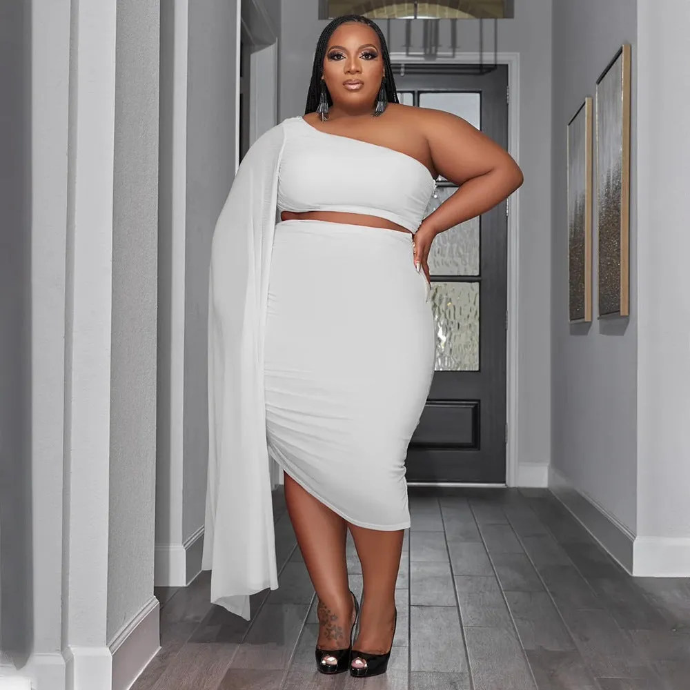 Plus Size Diagonal Collar Long Train Sleeve Wrinkle Two Piece Skirt Set