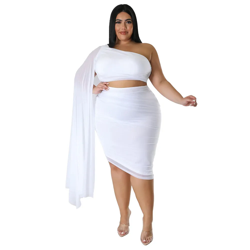 Plus Size Diagonal Collar Long Train Sleeve Wrinkle Two Piece Skirt Set