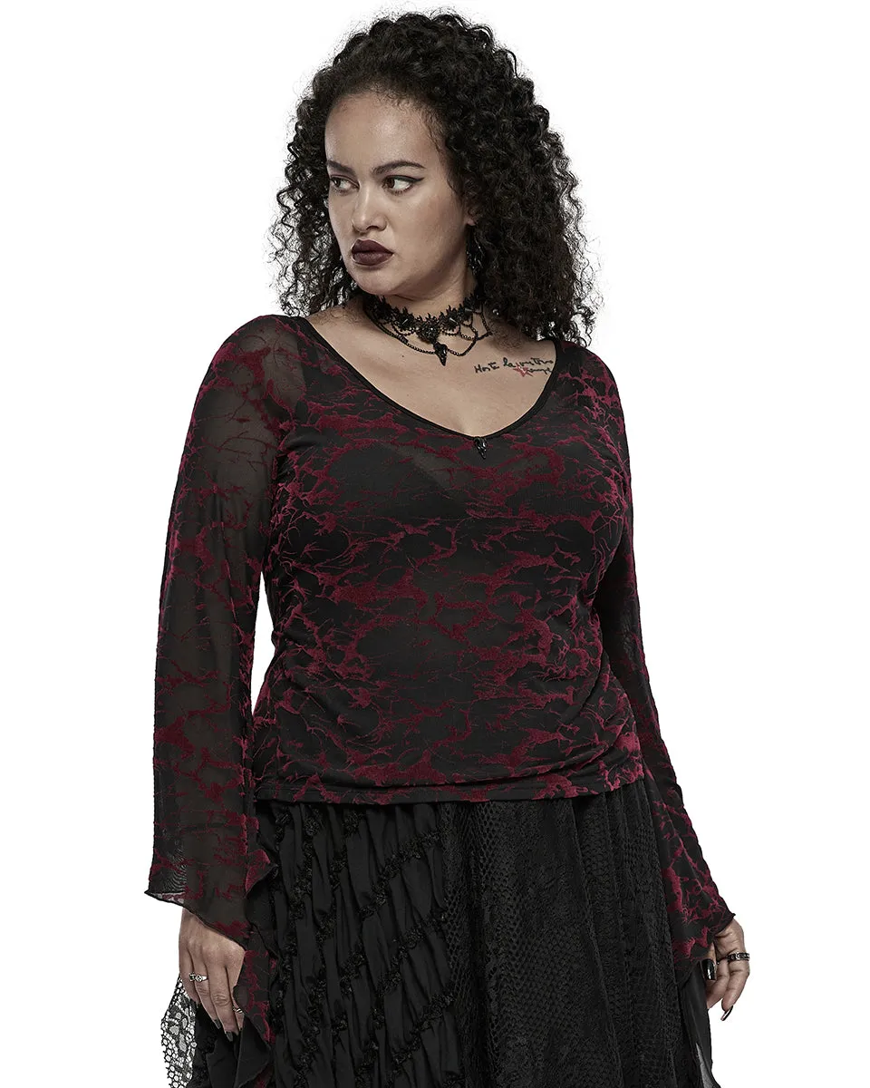 Punk Rave Plus Size Womens Gothic Flocked Mesh Tunic Top - Black & Red