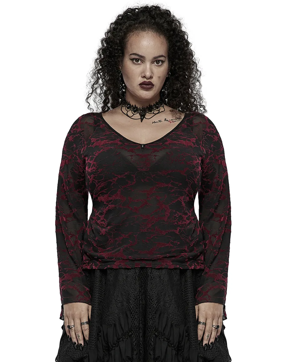 Punk Rave Plus Size Womens Gothic Flocked Mesh Tunic Top - Black & Red