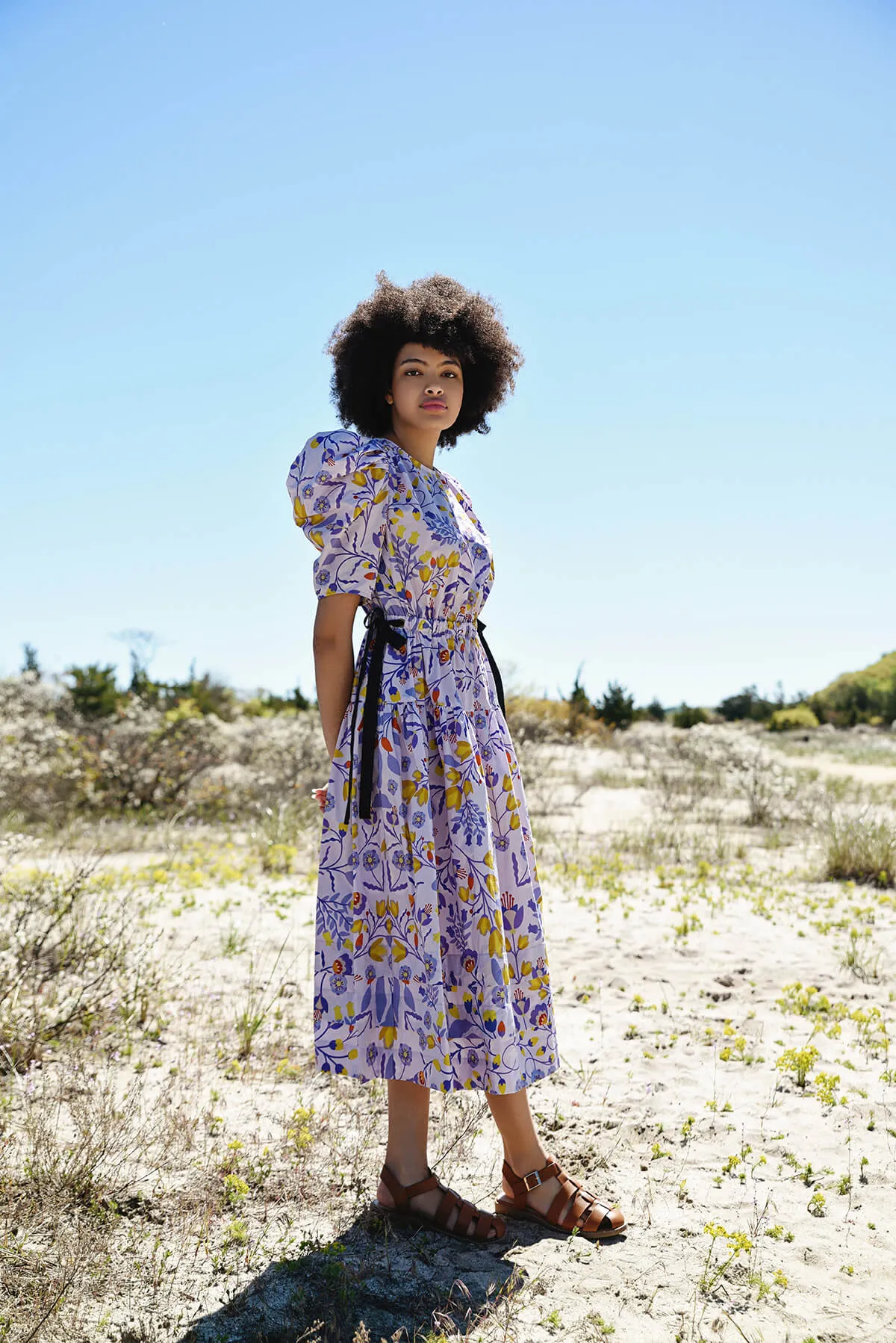 Purple Floral Cotton Midi Dress