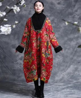 Red coat,National linen kaftan, V neck faux fur collar coat,winter gown for women,Floral print vintage winter robe,plus size clothing