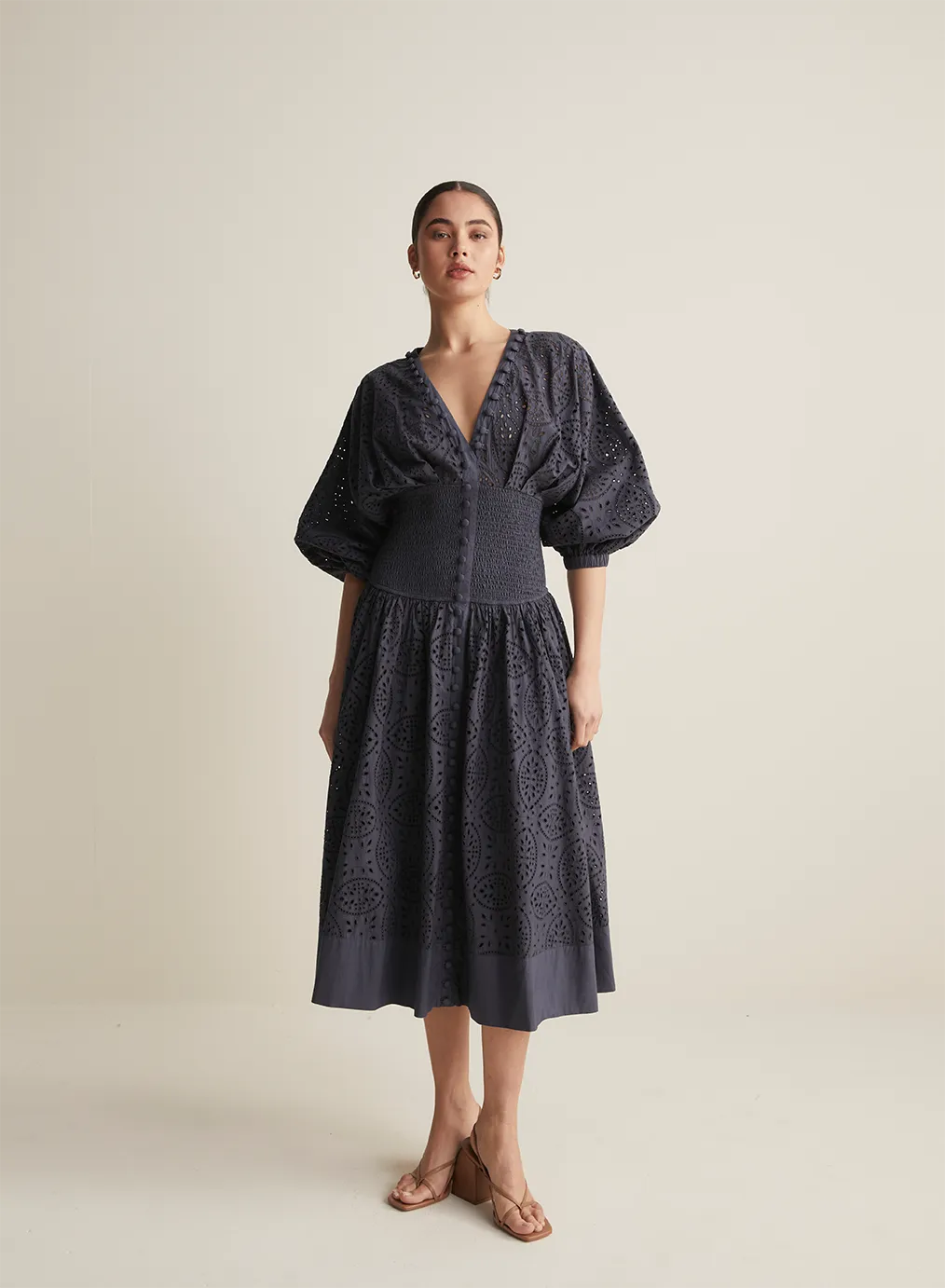 Regina Cotton Broiderie Midi Dress | Navy