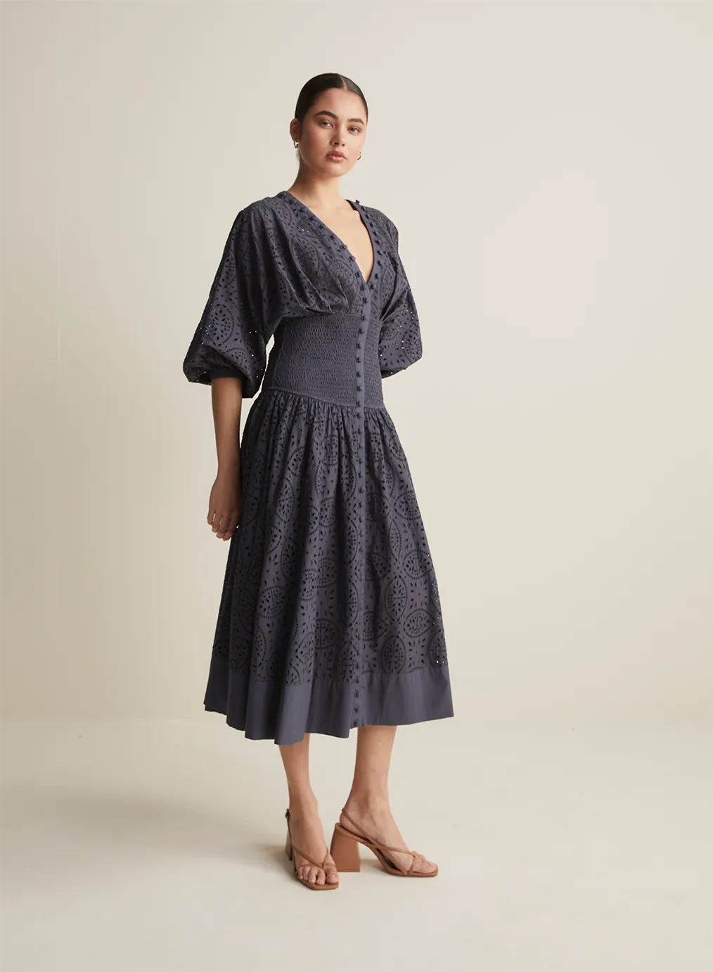 Regina Cotton Broiderie Midi Dress | Navy