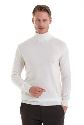 Regular Fit Basic Plain Ecru Turtleneck Sweater