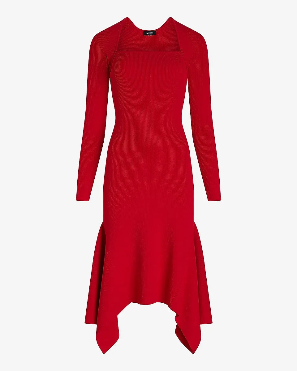 Ribbed Square Neck Asymmetrical Hem Midi Sweater Dress in Lipstick Red