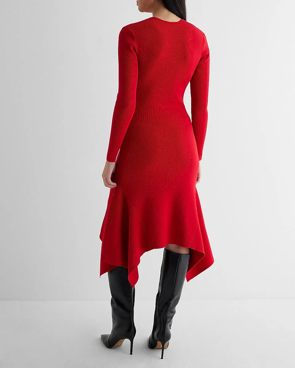 Ribbed Square Neck Asymmetrical Hem Midi Sweater Dress in Lipstick Red