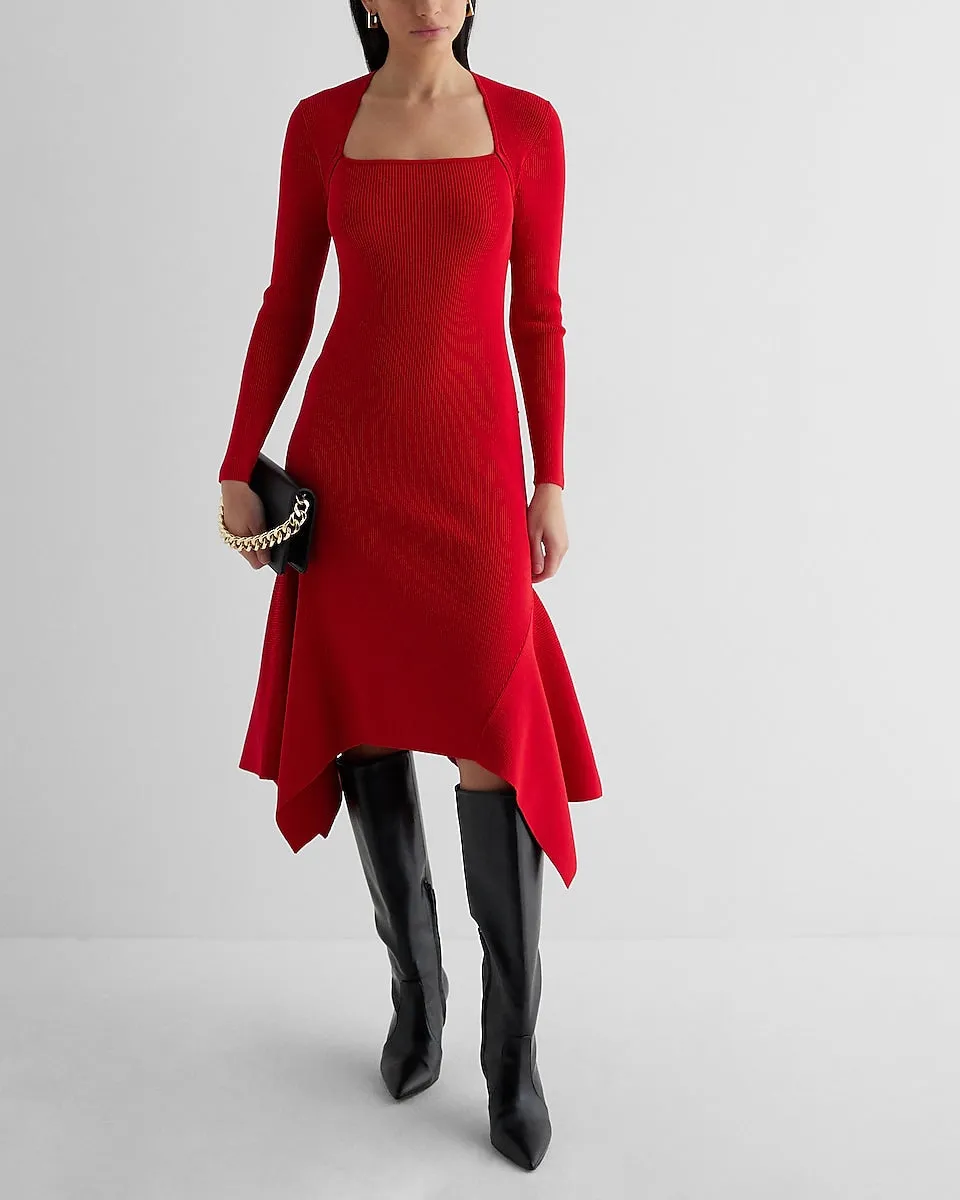 Ribbed Square Neck Asymmetrical Hem Midi Sweater Dress in Lipstick Red