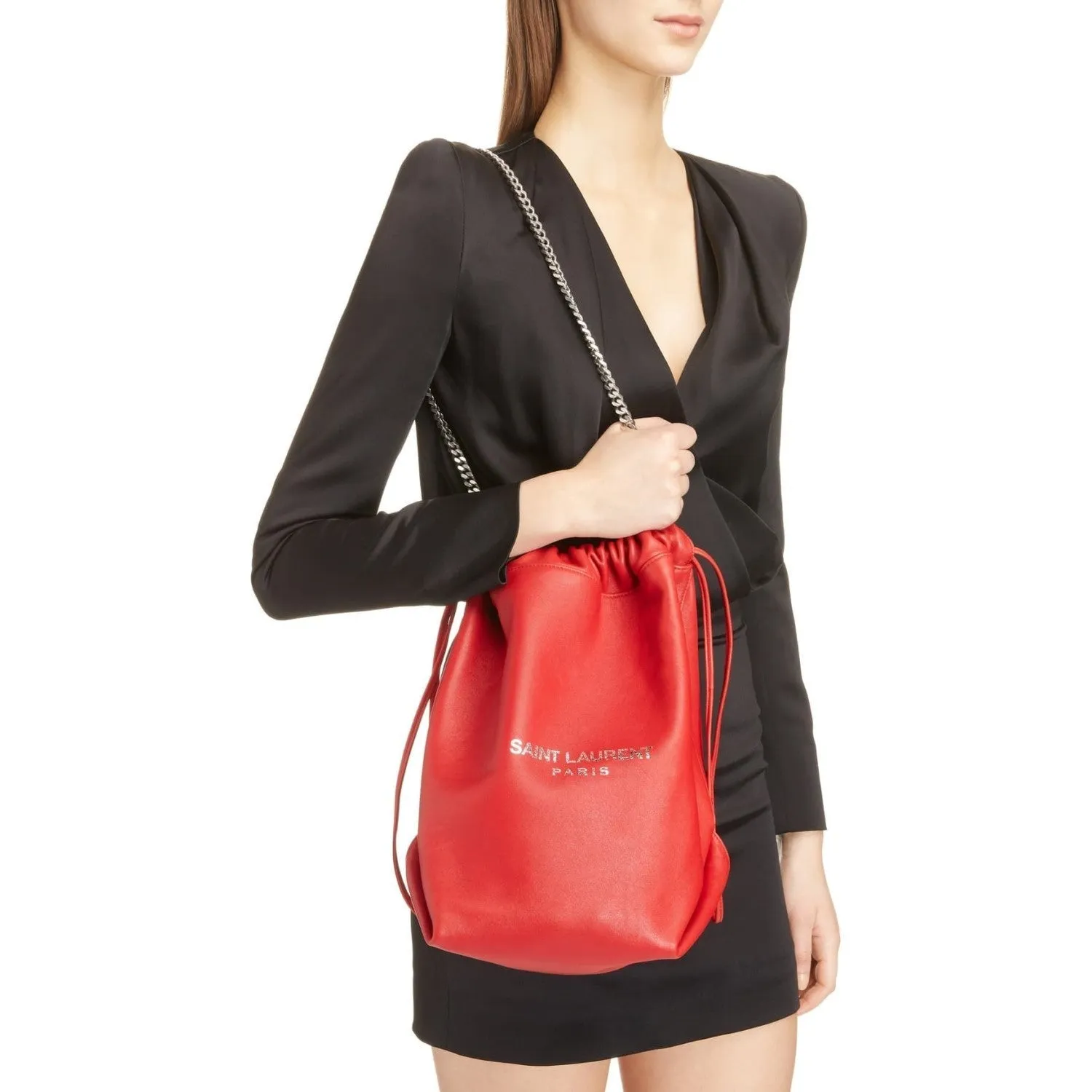 Saint Laurent Teddy Red Lambskin Leather Drawstring Bucket Bag 538447