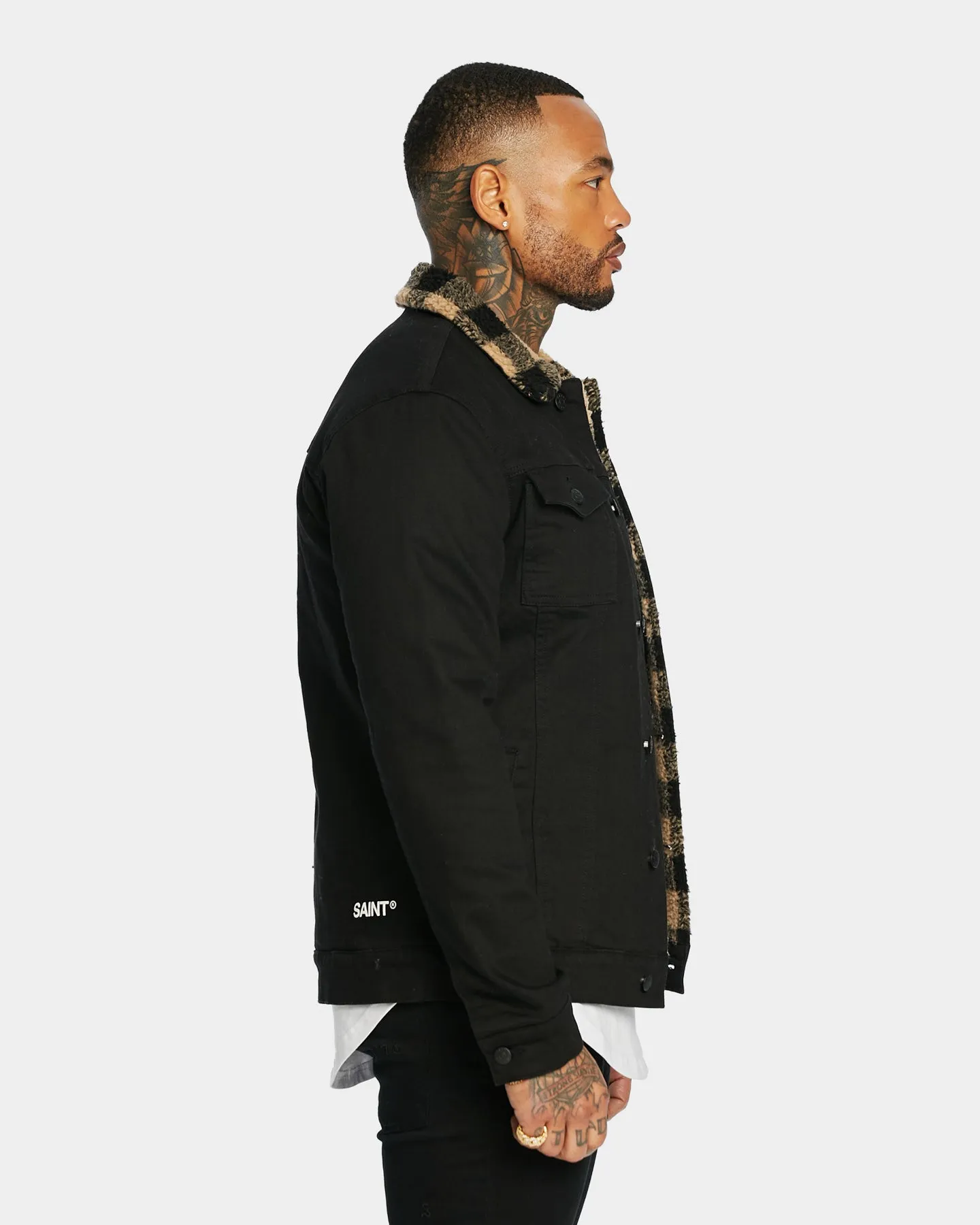 Saint Morta Tartan Sherpa Denim Jacket Black/Tan