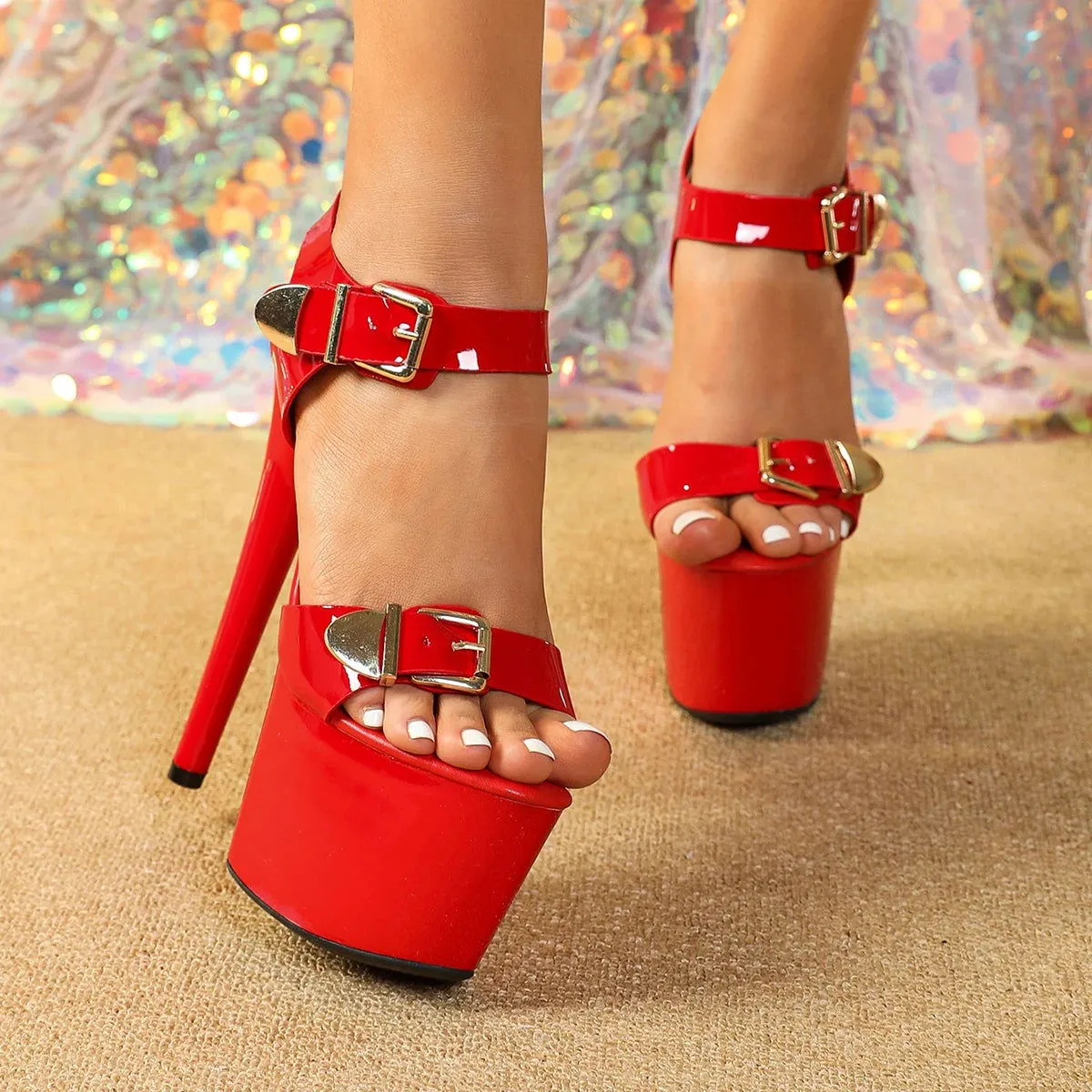 Sassy Flirty Ankle Buckle Super High Platform Heels Shoes