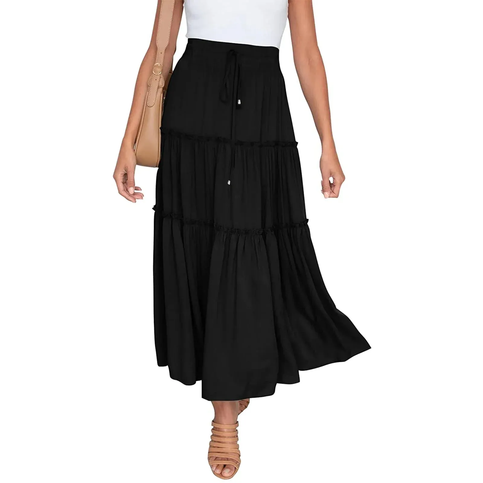 Satin Long Drawstring High Elastic Waist Solid Summer Casual Going Out A-Line Midi Y2k Skirt