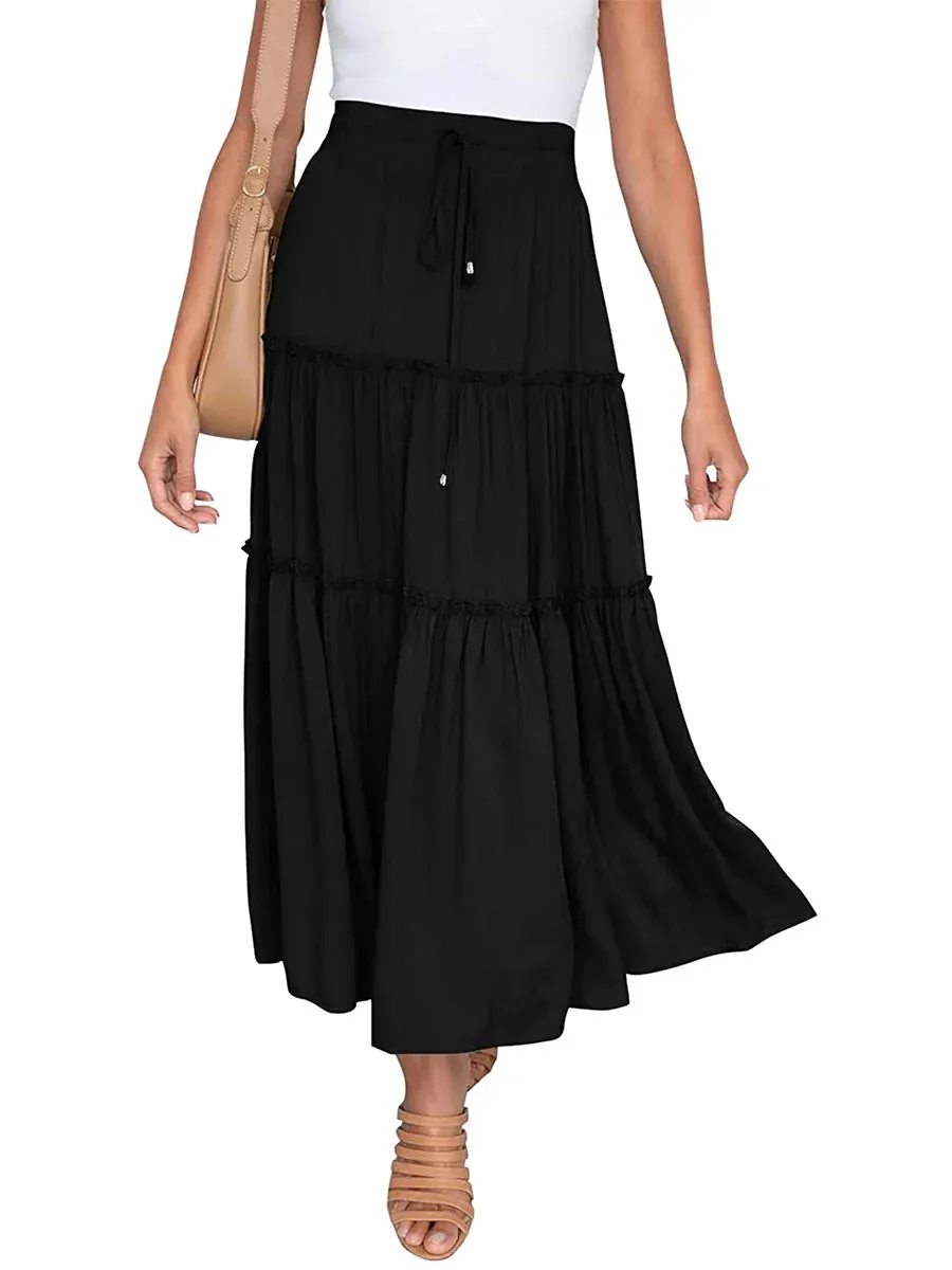 Satin Long Drawstring High Elastic Waist Solid Summer Casual Going Out A-Line Midi Y2k Skirt