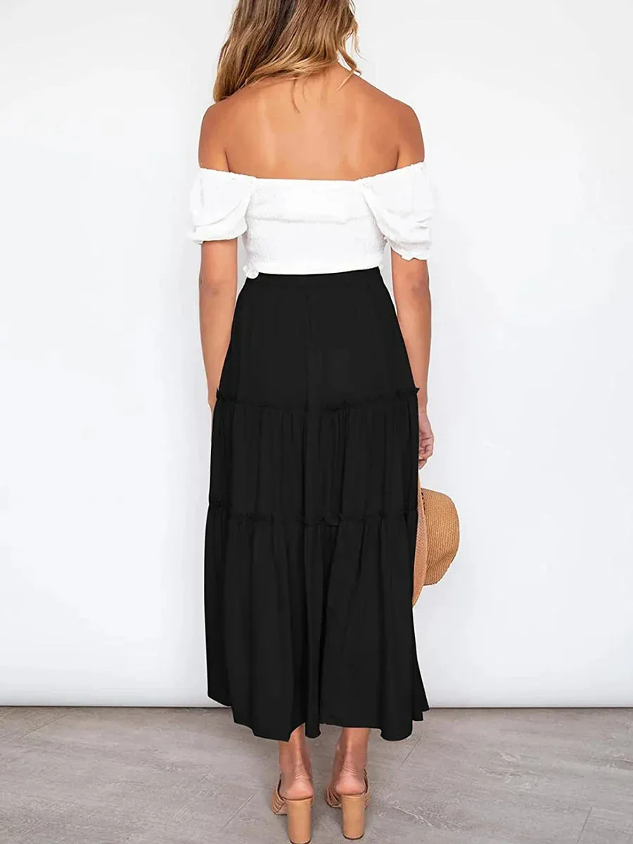 Satin Long Drawstring High Elastic Waist Solid Summer Casual Going Out A-Line Midi Y2k Skirt