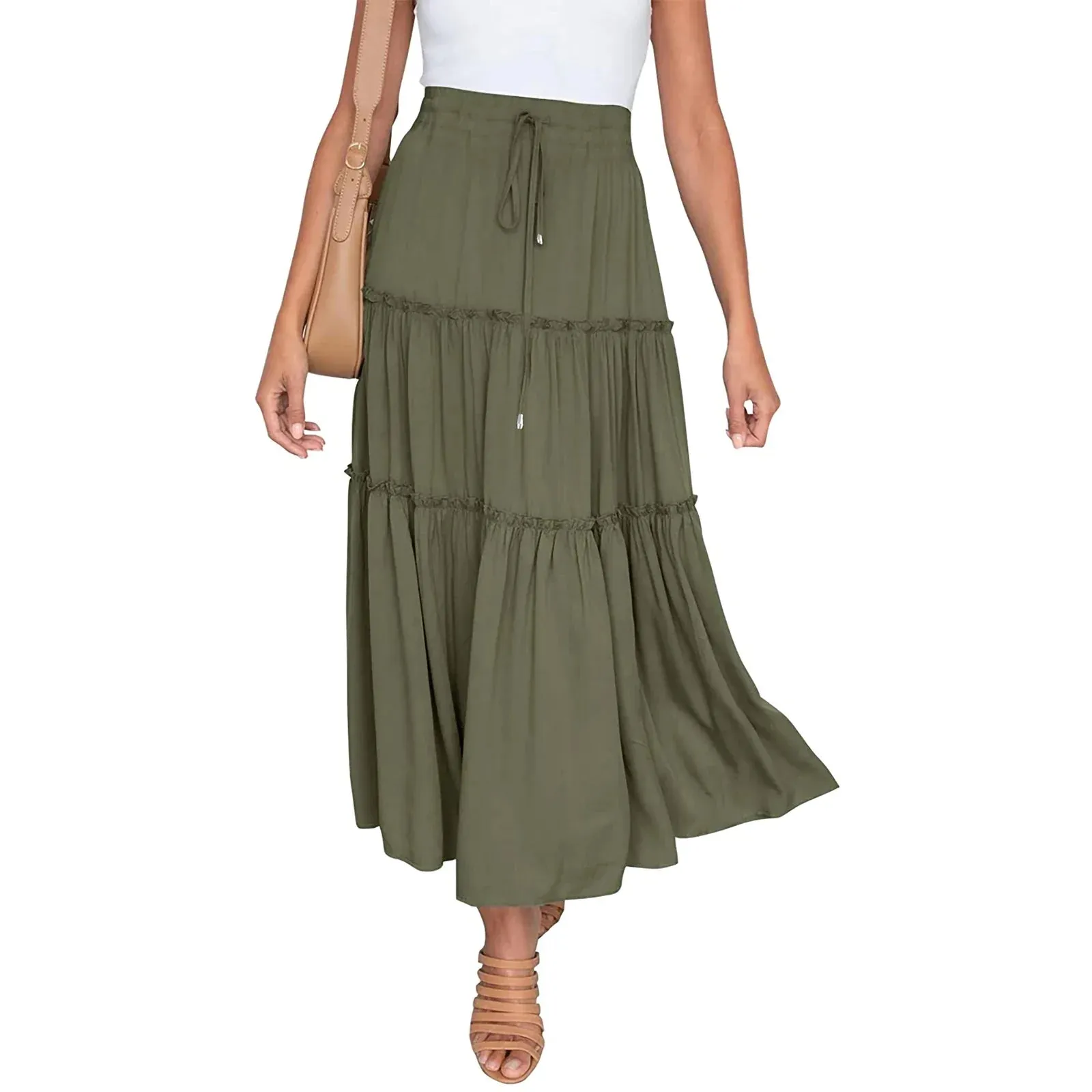 Satin Long Drawstring High Elastic Waist Solid Summer Casual Going Out A-Line Midi Y2k Skirt