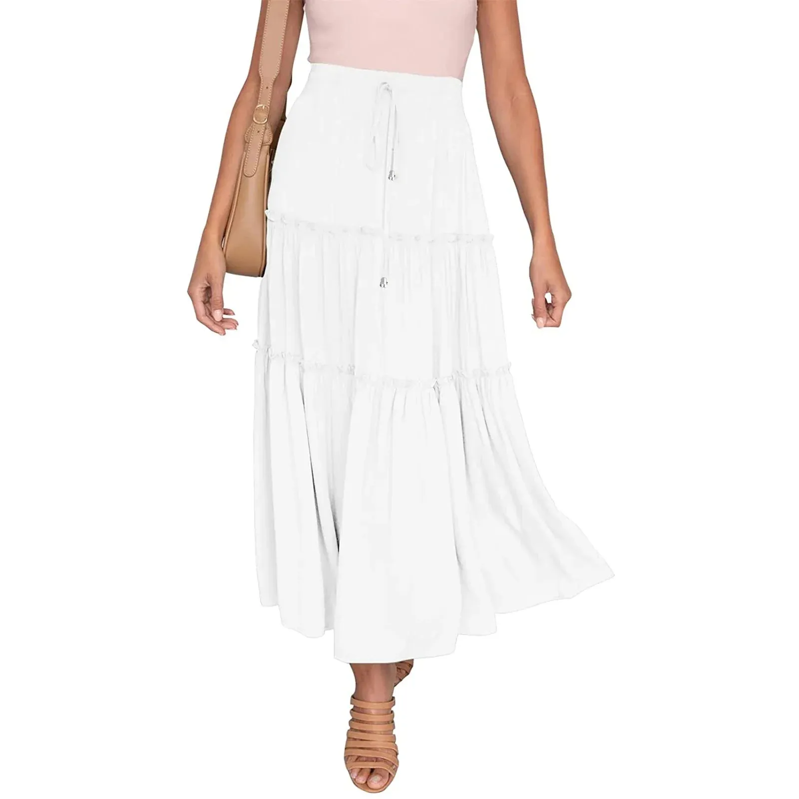 Satin Long Drawstring High Elastic Waist Solid Summer Casual Going Out A-Line Midi Y2k Skirt