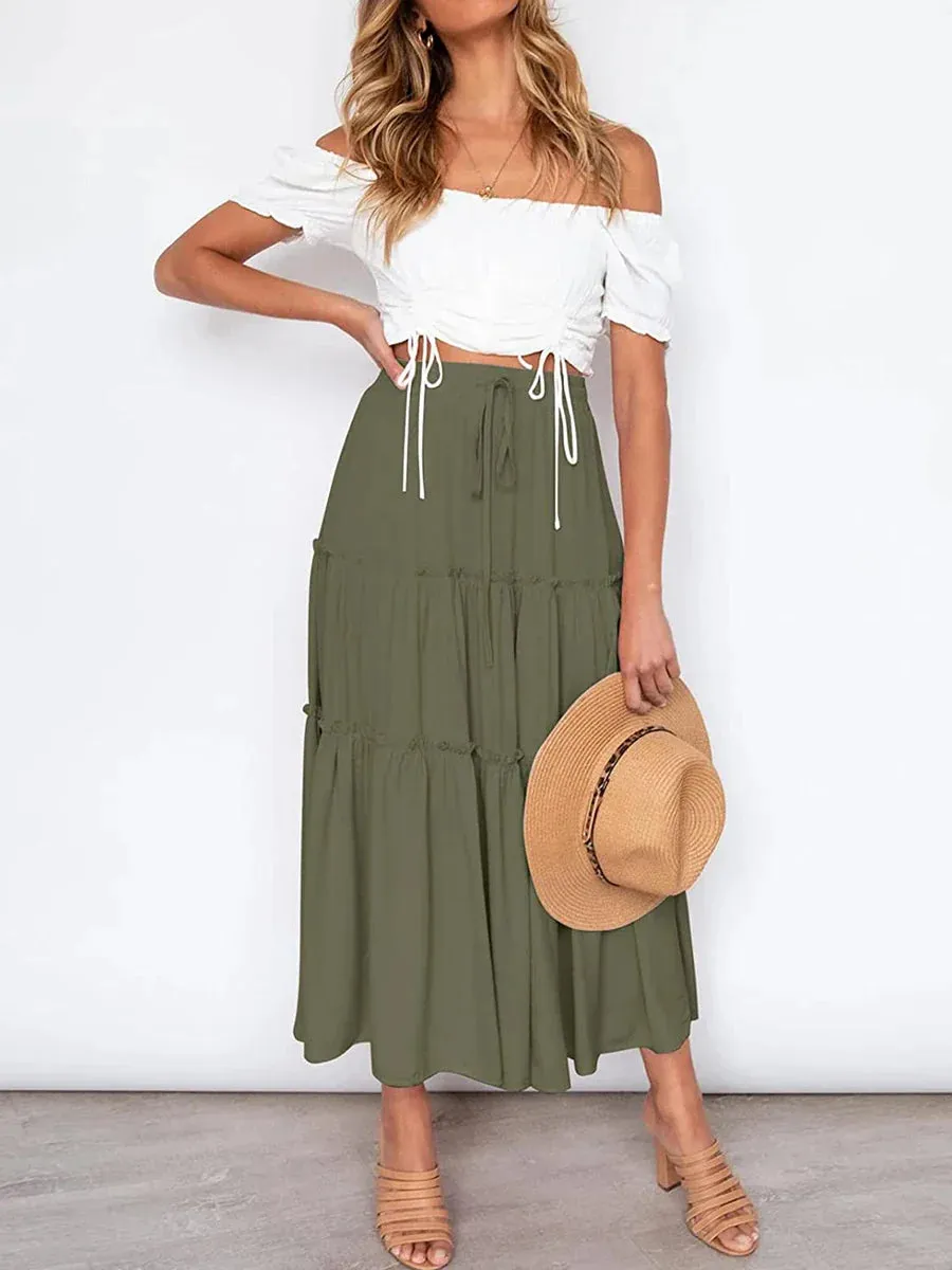 Satin Long Drawstring High Elastic Waist Solid Summer Casual Going Out A-Line Midi Y2k Skirt