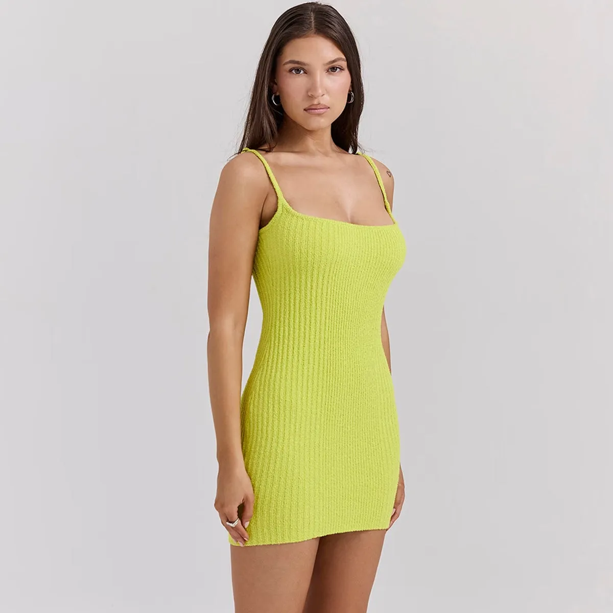 Sexy Square Neck Spaghetti Strap Buckle Ribbed Knit Bodycon Slip Mini Dress