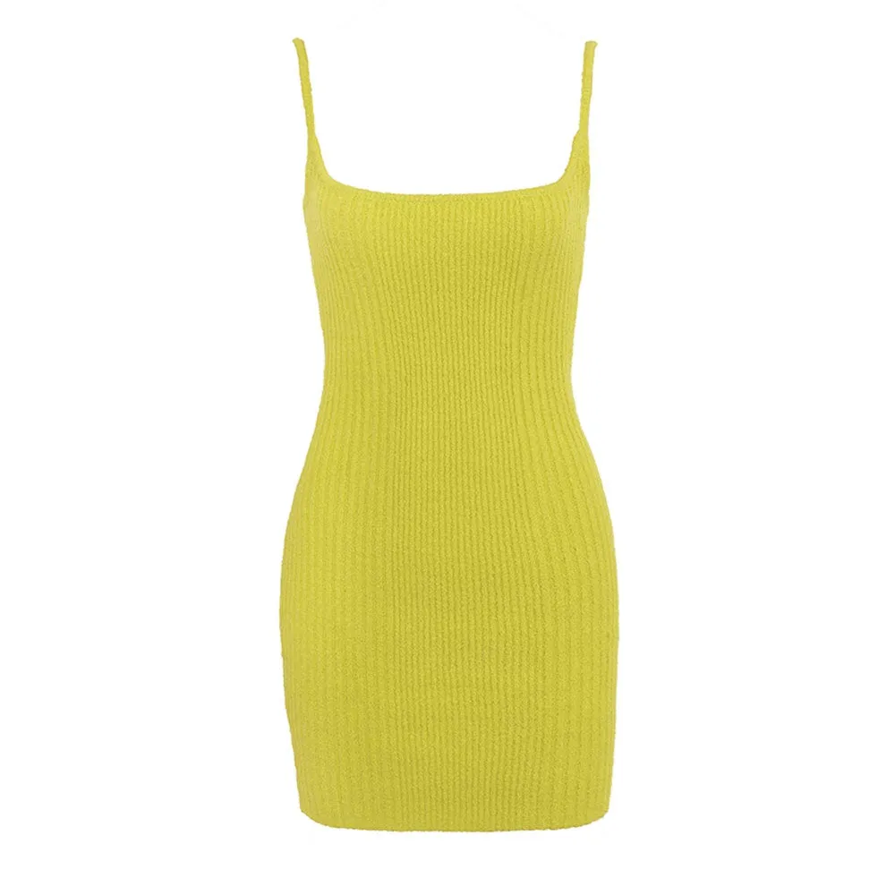 Sexy Square Neck Spaghetti Strap Buckle Ribbed Knit Bodycon Slip Mini Dress