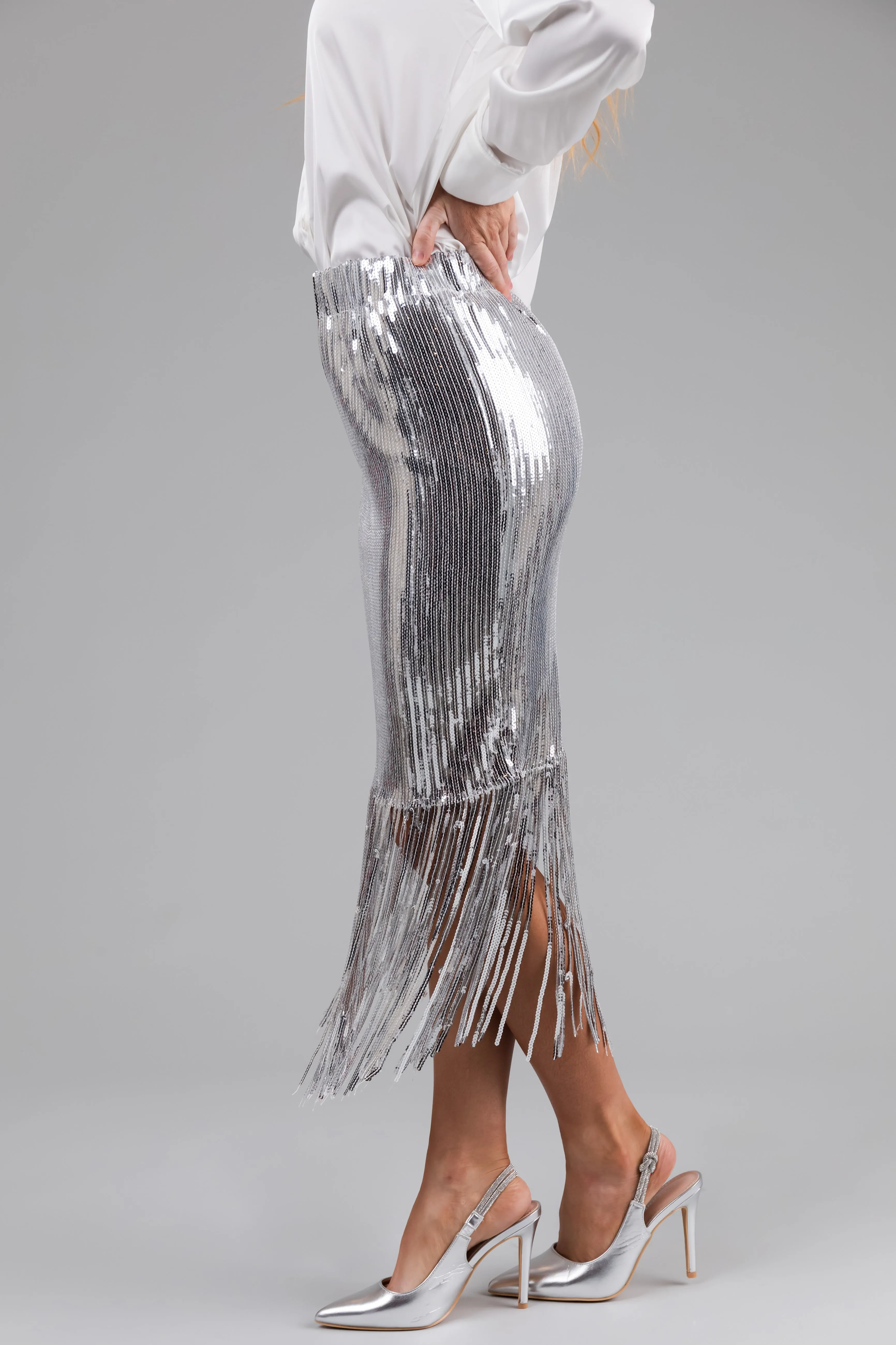 Silver Sequin Fringe Hemline Midi Skirt