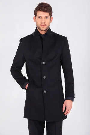 Slim Fit Cachet Notch Lapel Wool Blend Black Overcoat, Black