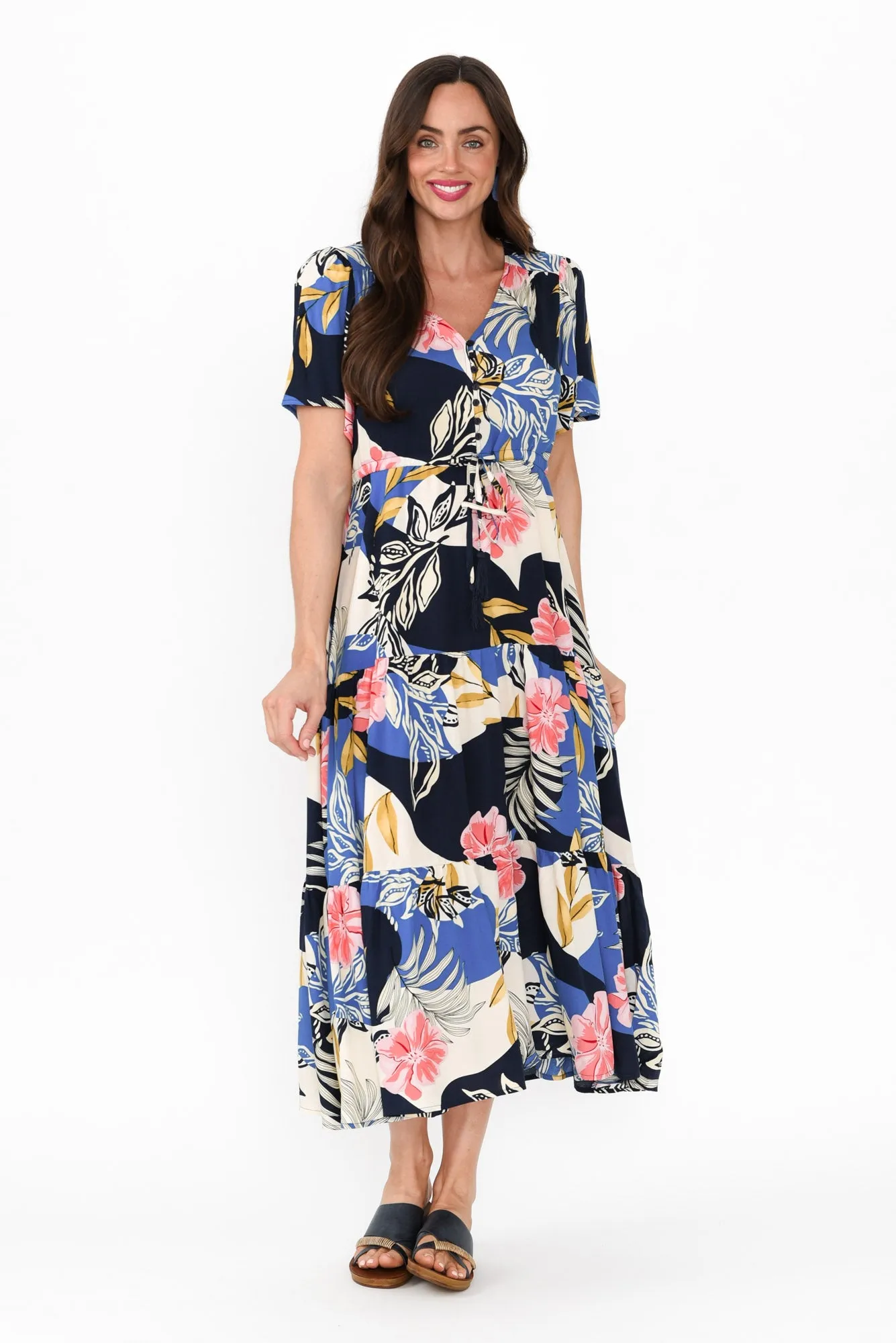 Solene Blue Tropical Tier Dress