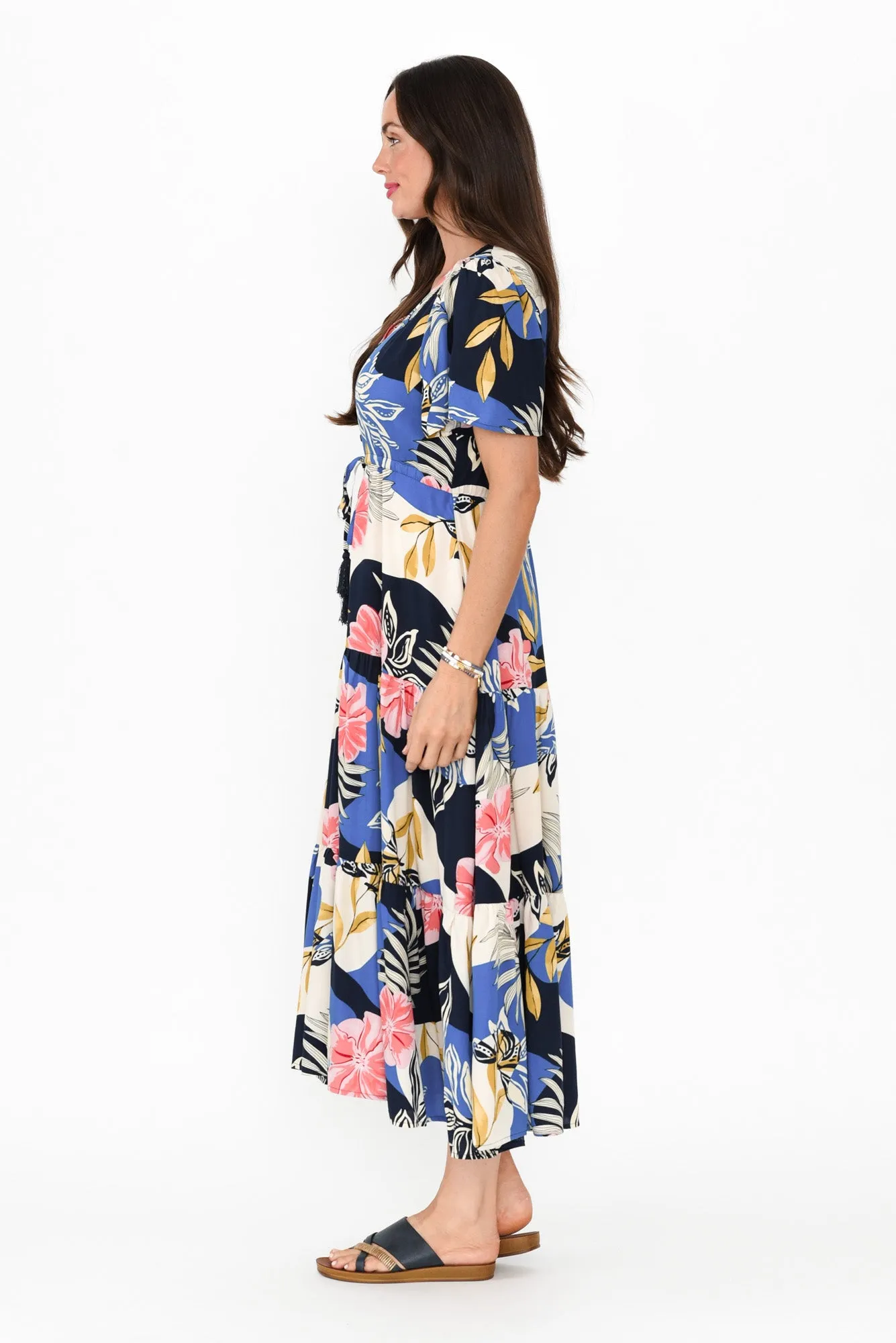 Solene Blue Tropical Tier Dress