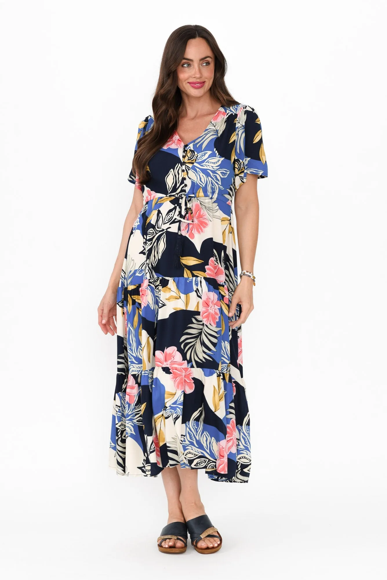 Solene Blue Tropical Tier Dress