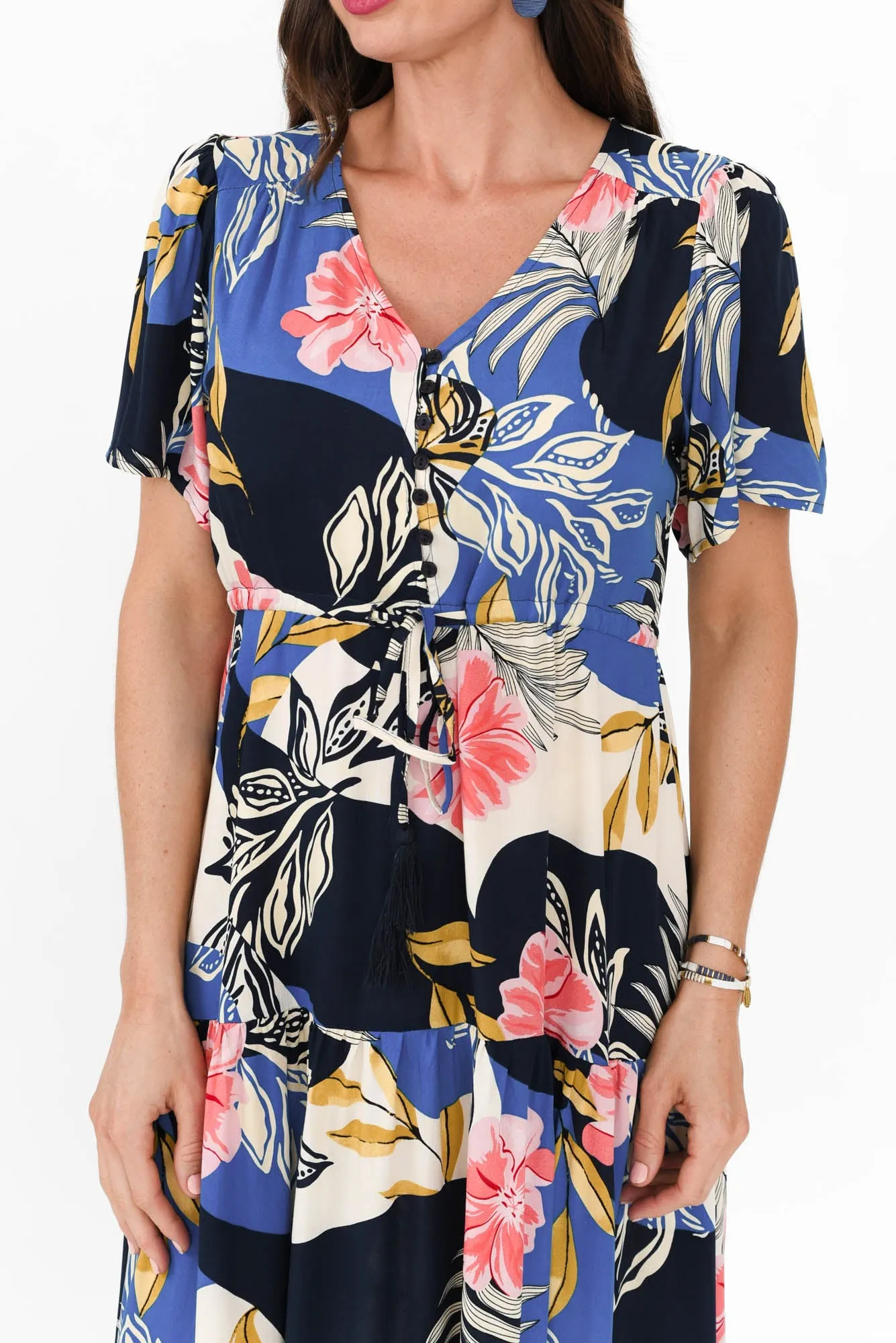 Solene Blue Tropical Tier Dress