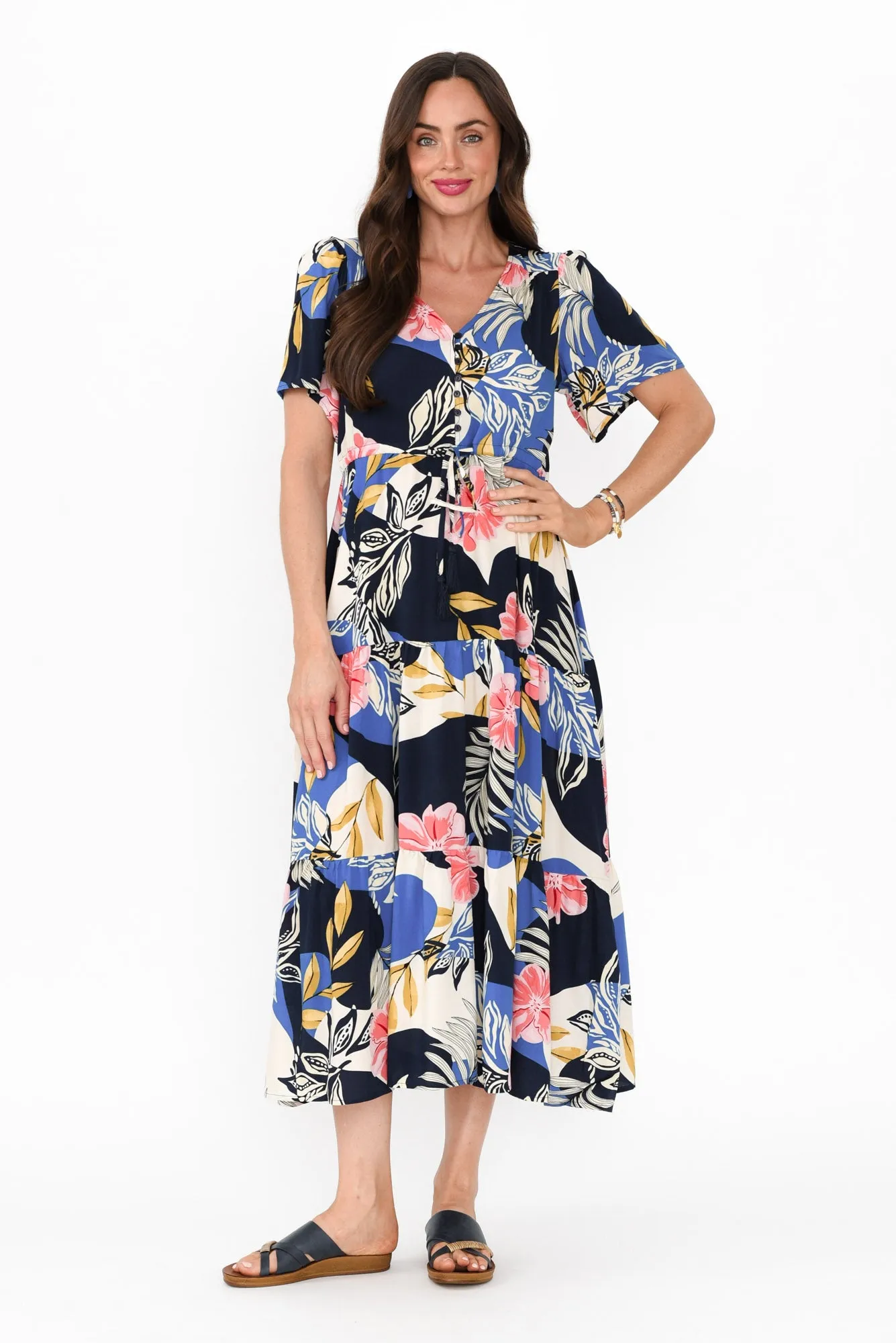 Solene Blue Tropical Tier Dress