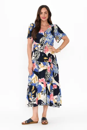 Solene Blue Tropical Tier Dress