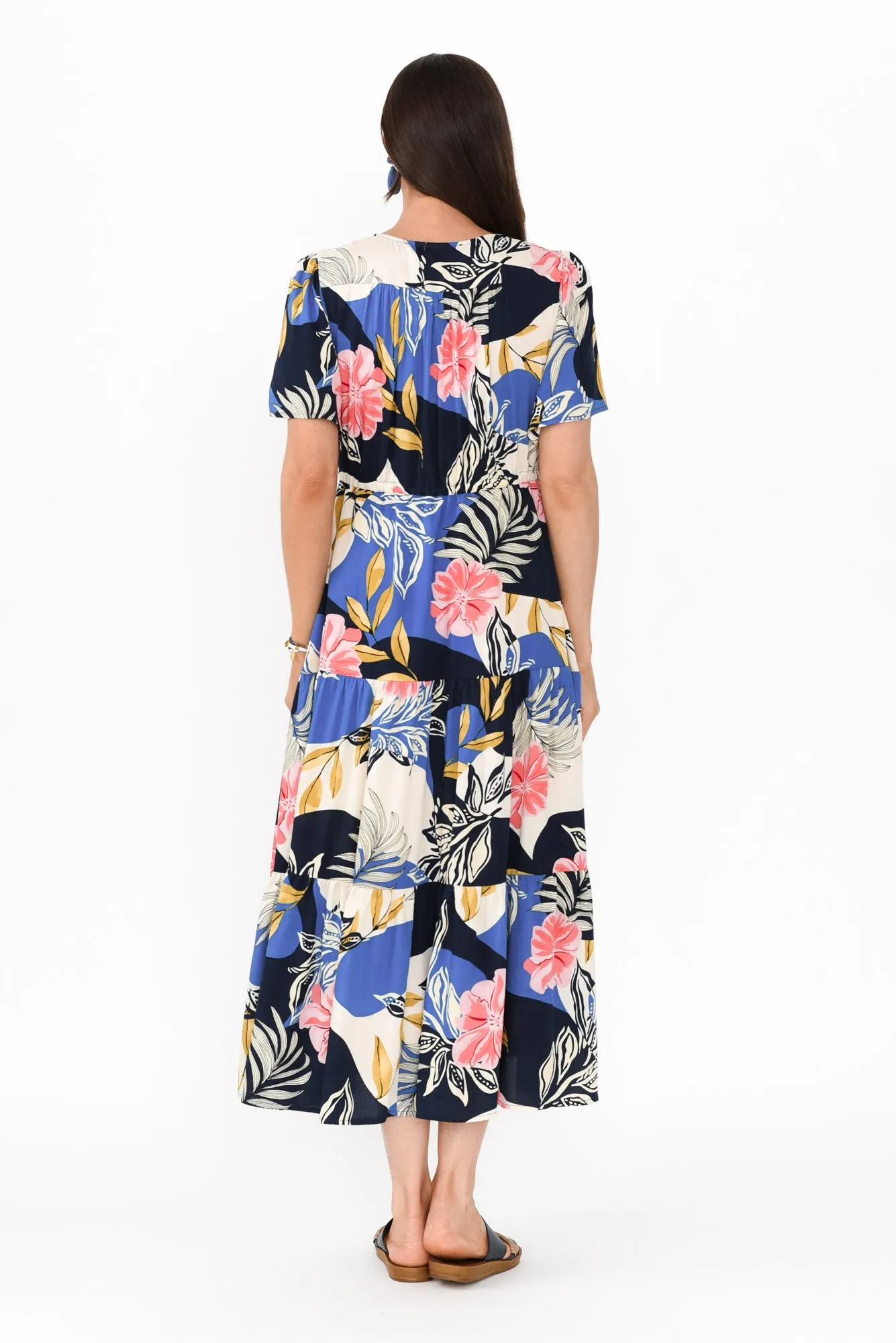 Solene Blue Tropical Tier Dress