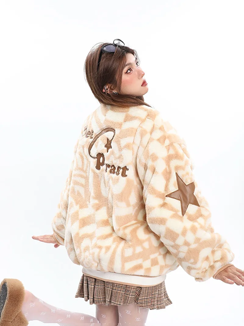 STARPRAST Graphic Print V Neck Faux Fur Buckle Long Sleeve Jacket