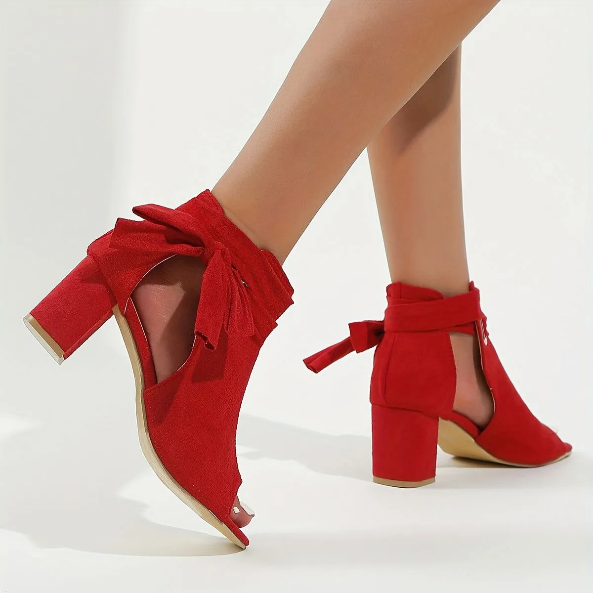 Stylish Chic Side Cut Out Bowknot Chunky Heel Peep Toe Shoes