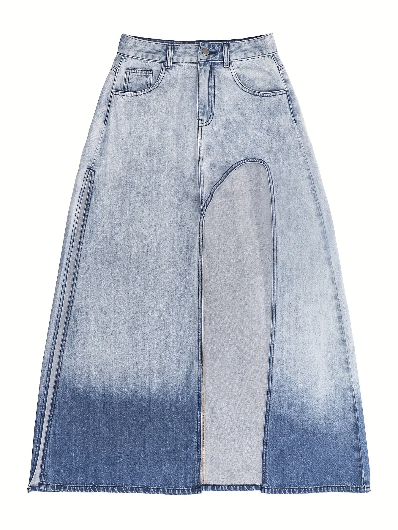 Stylish High-Waist Maxi Denim Skirt - Asymmetrical Split, Ombre Washed, Street Style Urban Fashion, Comfortable and Flattering Silhouette - Perfect for Casual Daily Wear, Outdoor Activities, and Fashion Statements