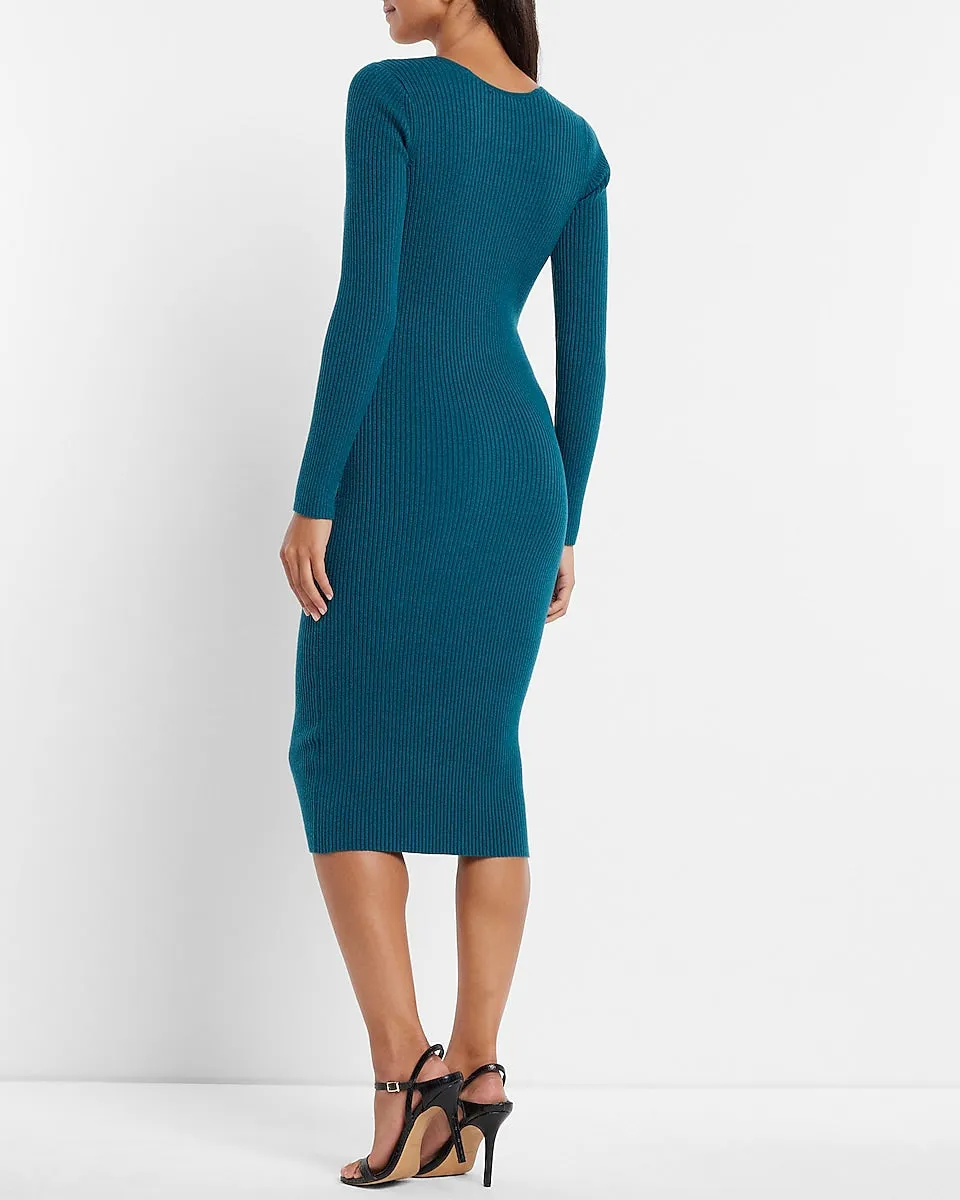 Sweetheart Neckline Ribbed Midi Sweater Dress in Venetian Teal