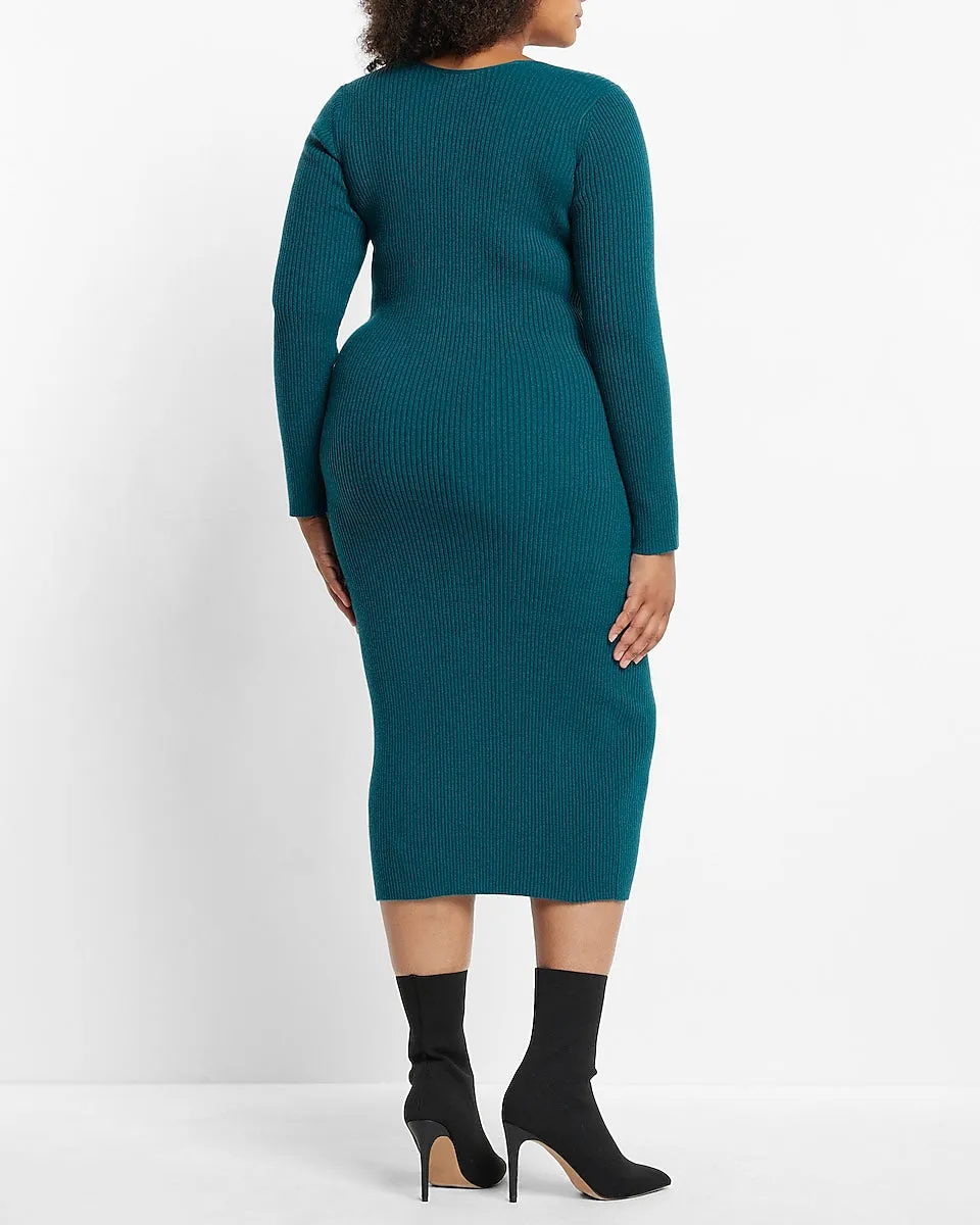 Sweetheart Neckline Ribbed Midi Sweater Dress in Venetian Teal