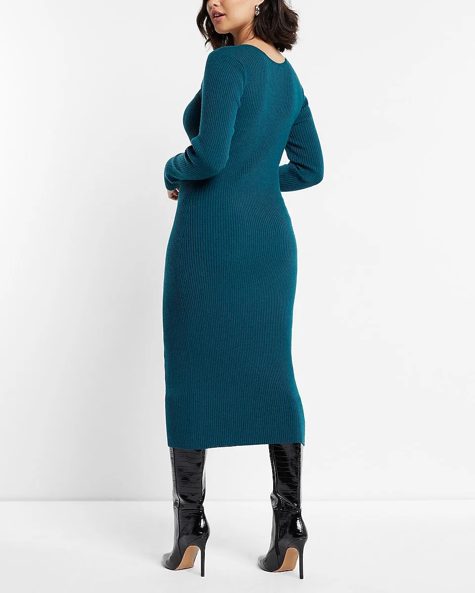 Sweetheart Neckline Ribbed Midi Sweater Dress in Venetian Teal