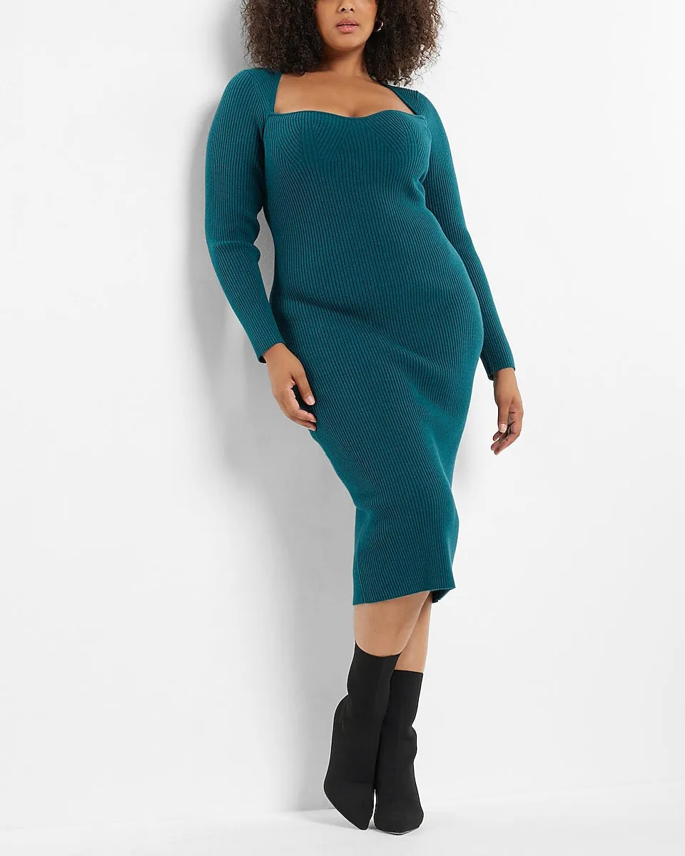 Sweetheart Neckline Ribbed Midi Sweater Dress in Venetian Teal