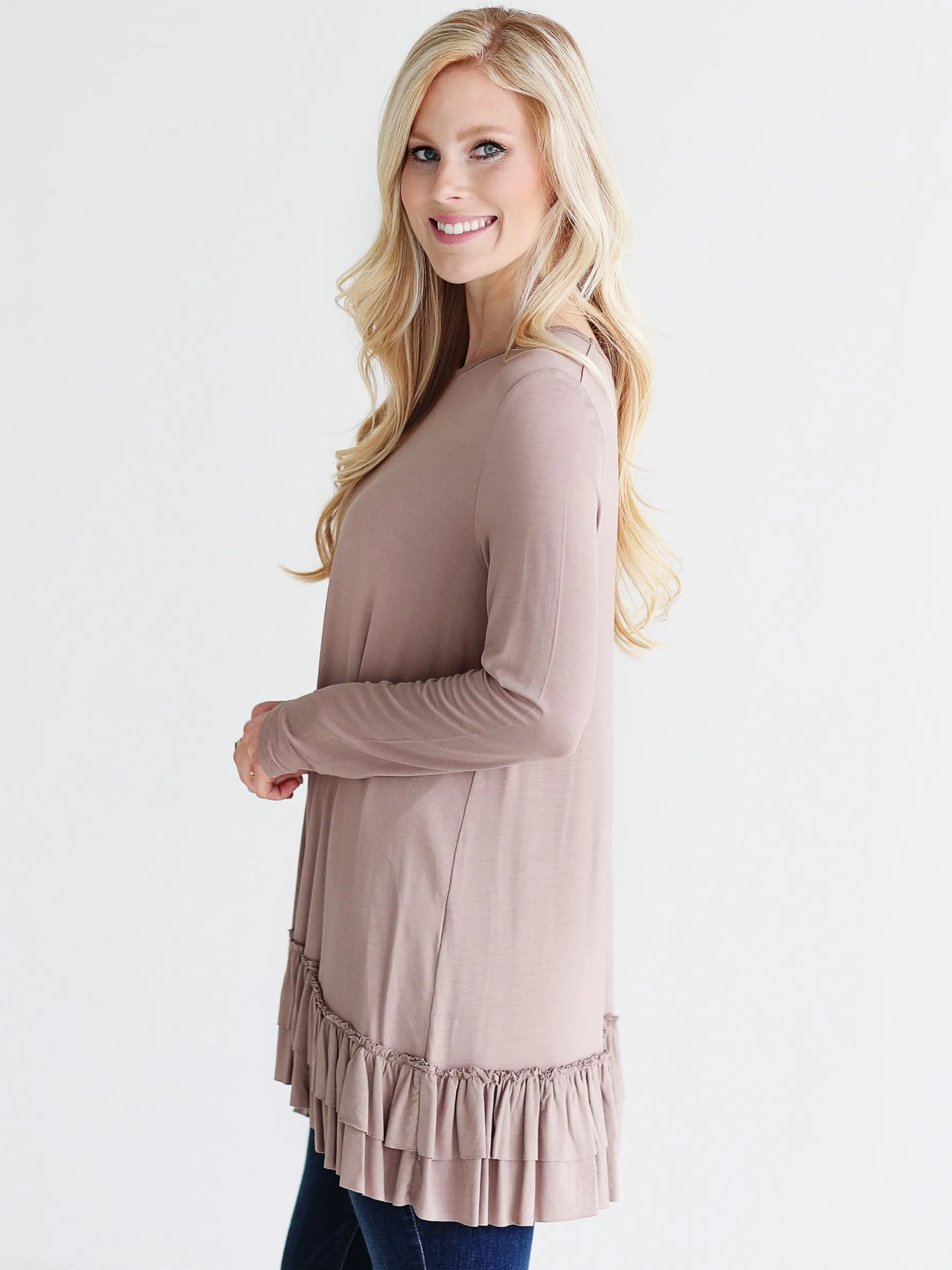 Taupe DLMN Double Ruffle Tunic