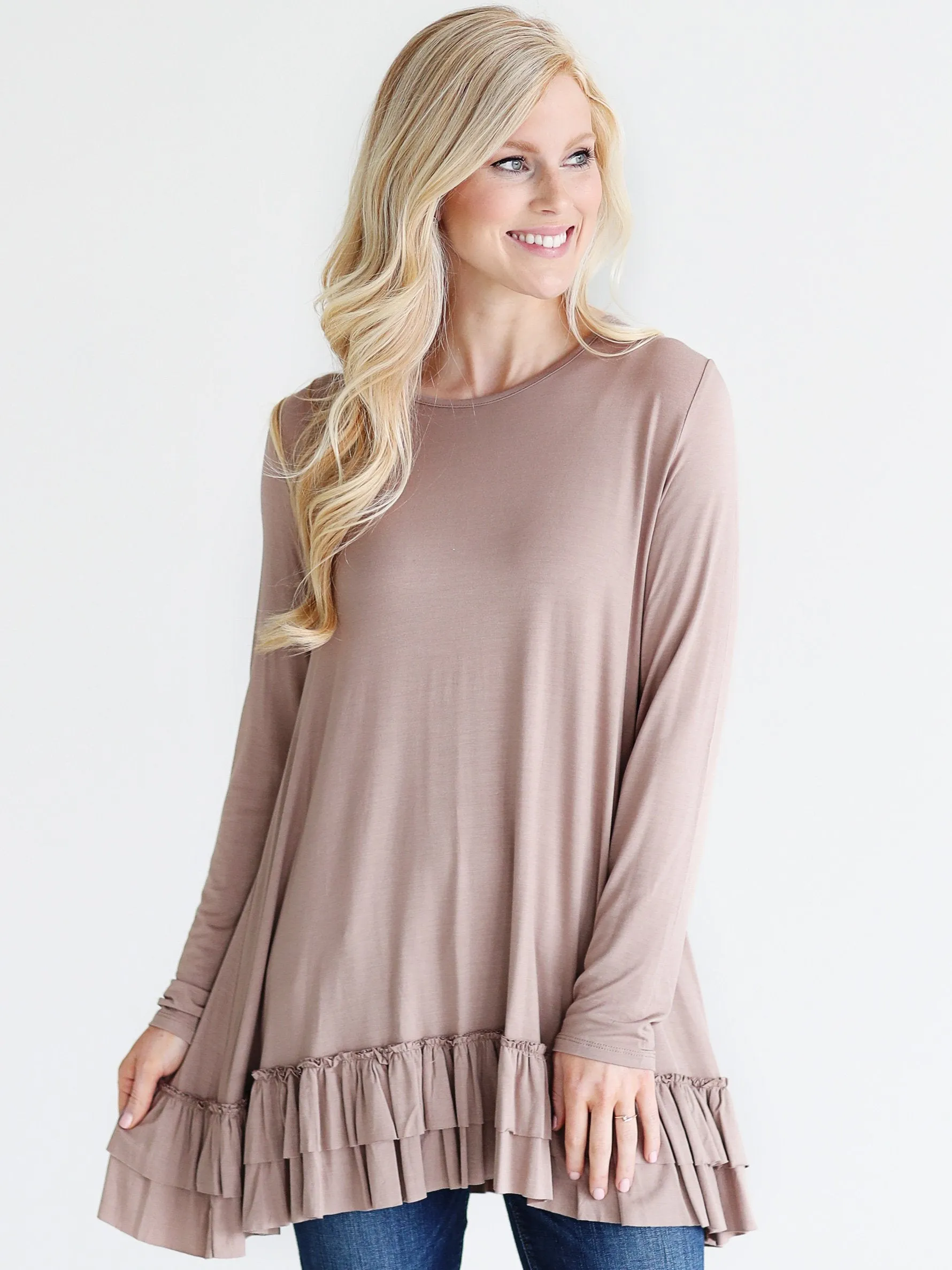 Taupe DLMN Double Ruffle Tunic