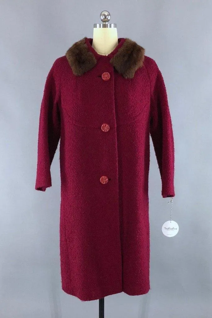 Vintage 1960s Red Winter Coat with Brown Mink Fur Collar