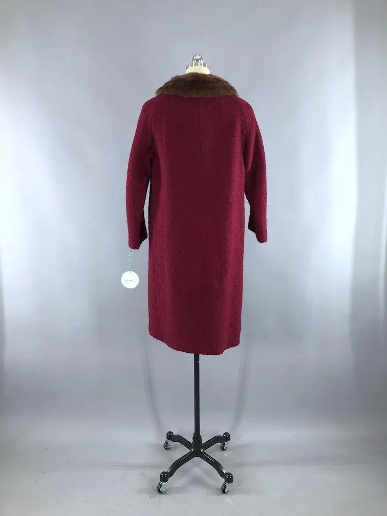 Vintage 1960s Red Winter Coat with Brown Mink Fur Collar