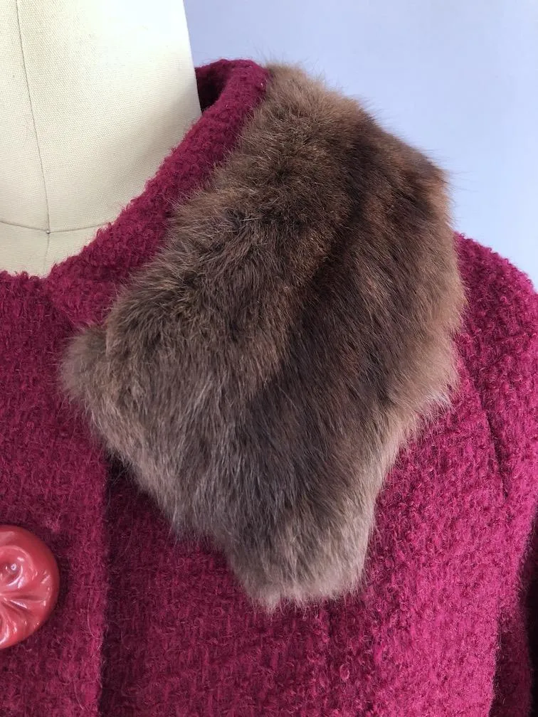 Vintage 1960s Red Winter Coat with Brown Mink Fur Collar